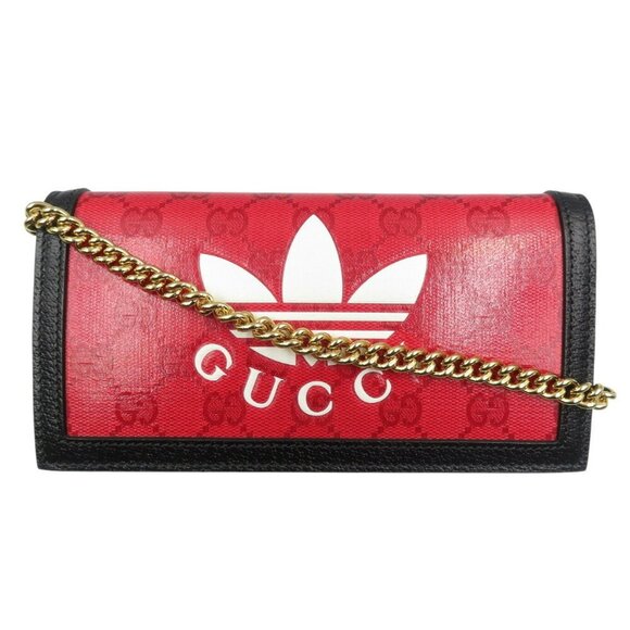 GUCCI x adidas GG Crystal Chain Wallet Red Black Canvas Leather - Picture 1 of 9